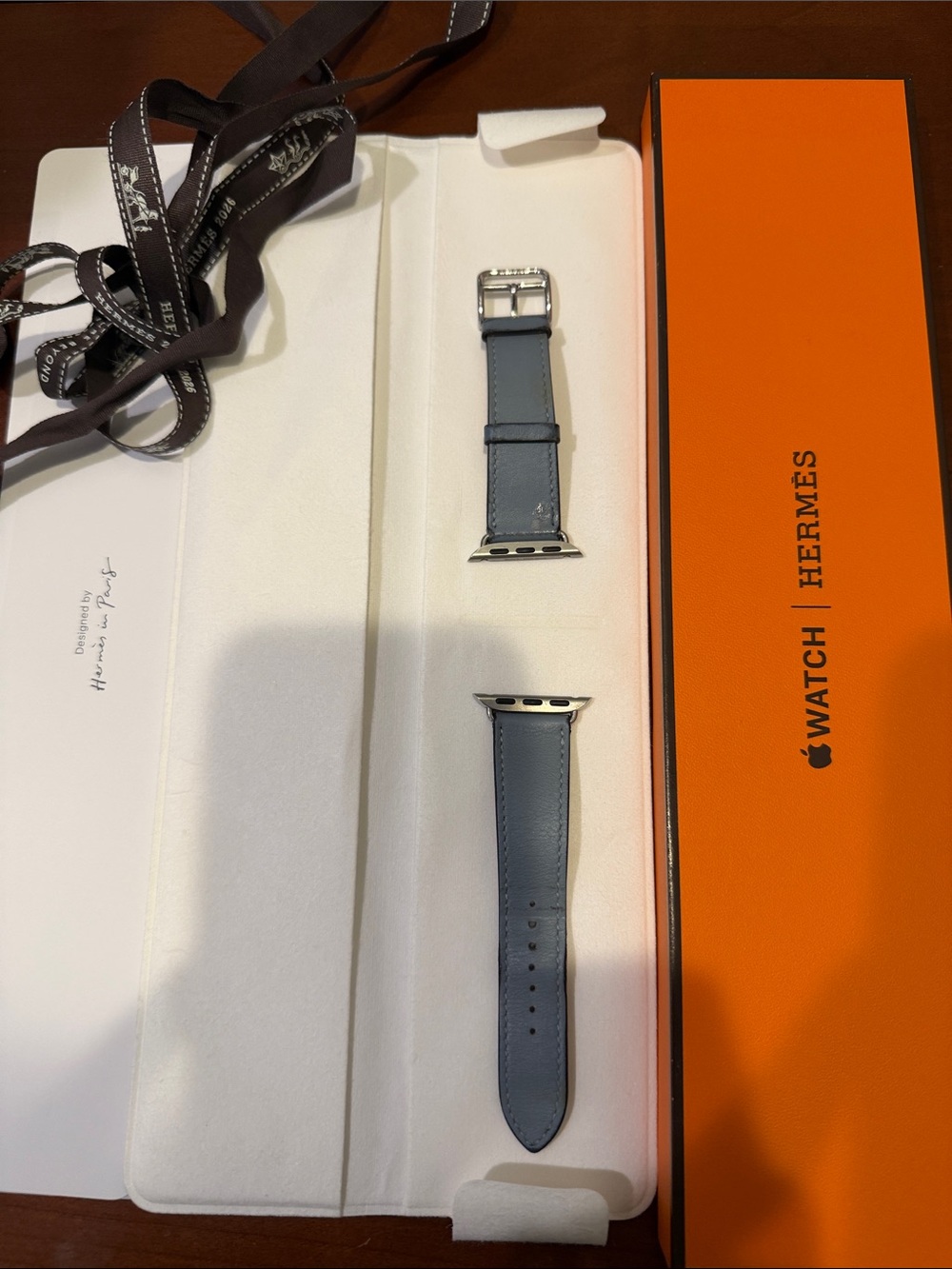 Hermès Blue Leather Apple Watch Strap Silver Hardware 42mm ***SMALL DAMAGE***